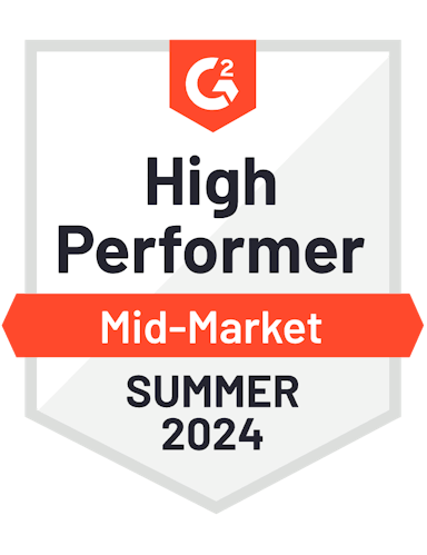 G2 High Performer Badge for a Mid-market company Summer 2024