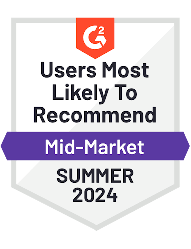 G2 Users Most Likely to Recommend Badge for a Mid-market company Summer 2024