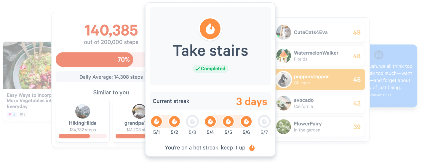 modules for target, streak, and leaderboard with daily activity to take the stairs