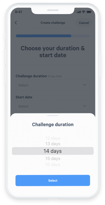 phone with an overlay that displays the duration of a challenge. The user has selected 14 days.