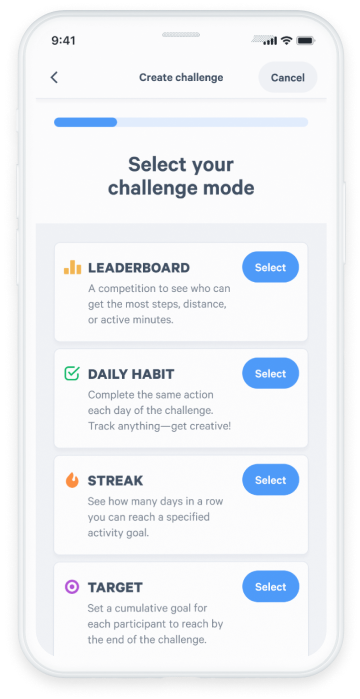 phone displaying different challenges modes - leaderboard, daily habit, streak, and target - that a user can select