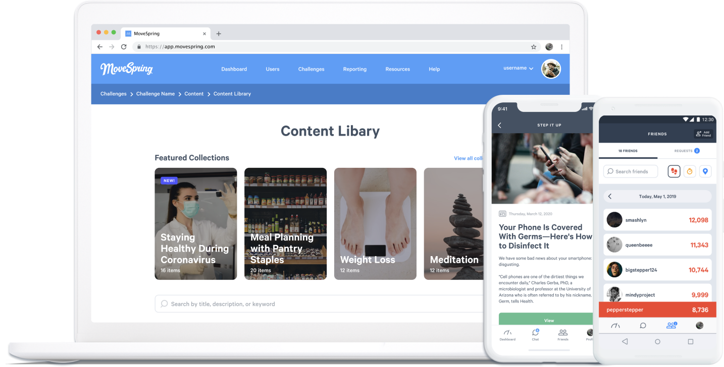 view of content library and friends page in movespring