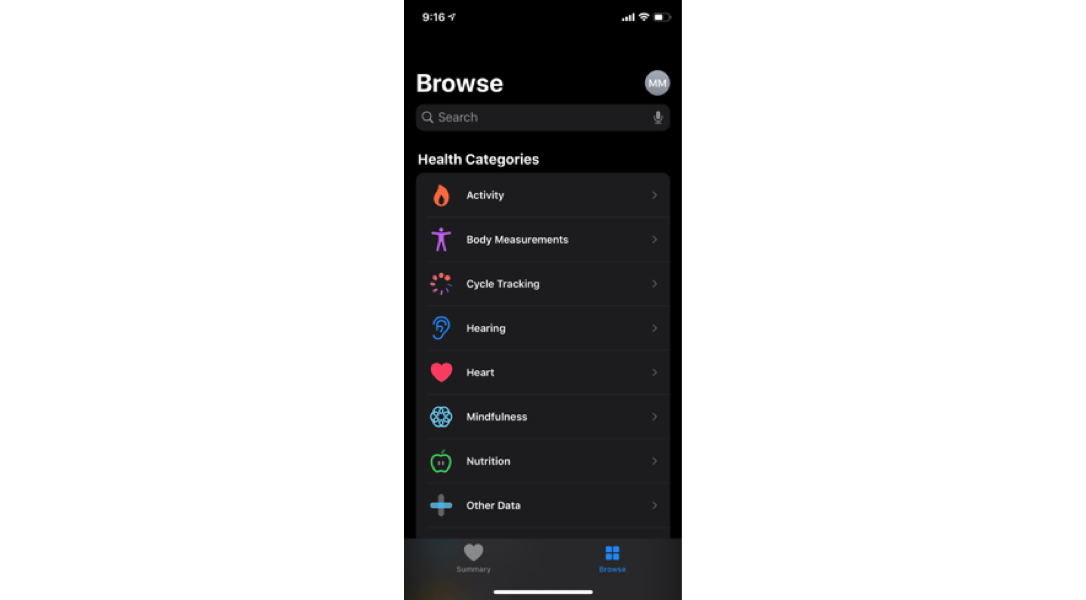 browse tab and health categories in the health app