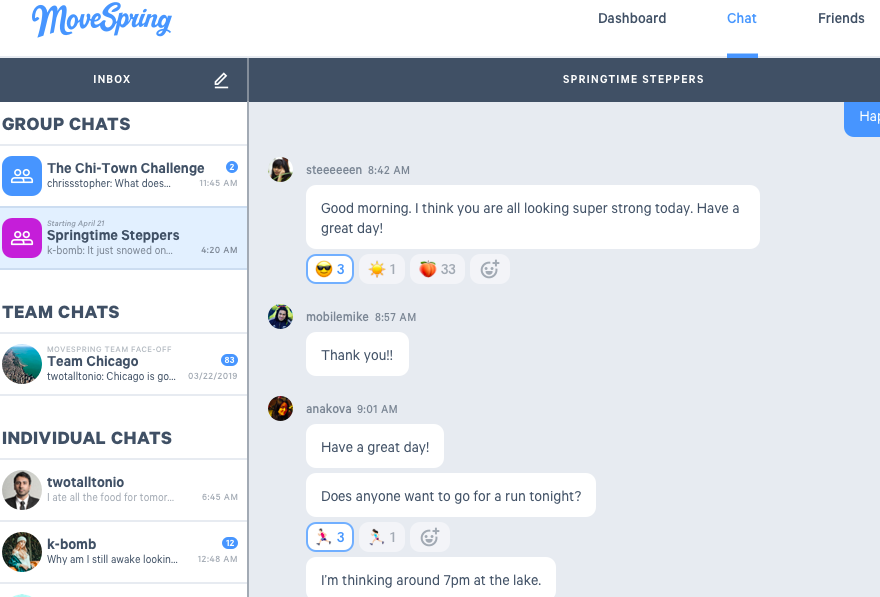 view of chat reactions from the movespring app