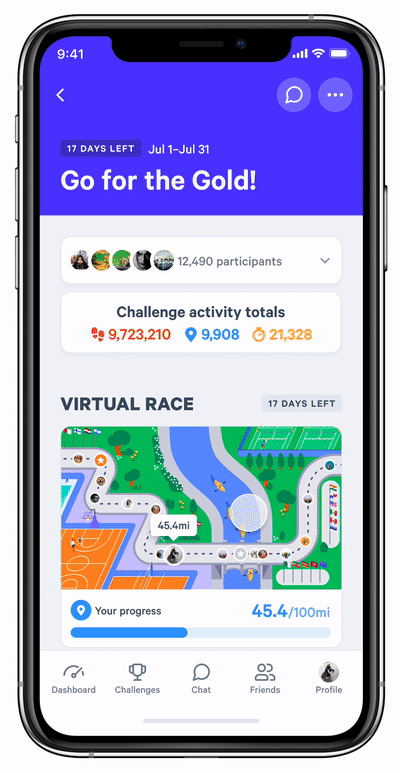 view of virtual race milestones in movespring app