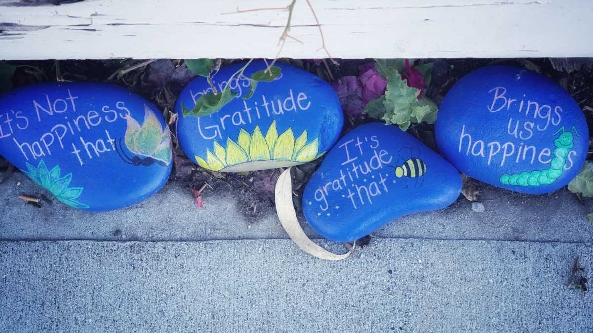 blue painted rocks with gratitude messages